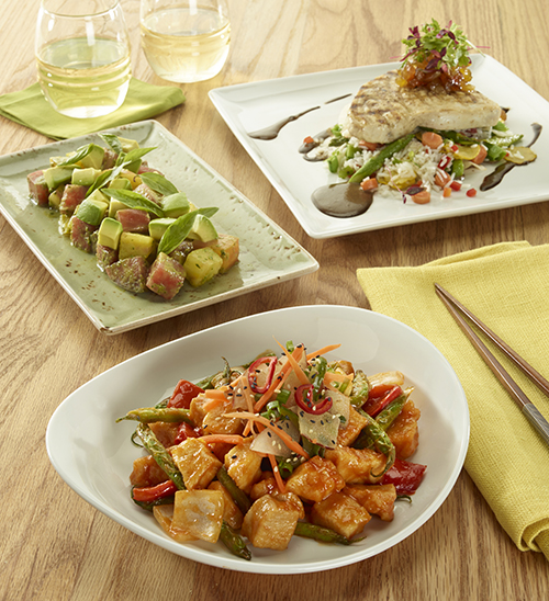 L-R Tomato & Basil Salad, Grilled Swordfish, Korean BBQ Chicken Stir-Fry