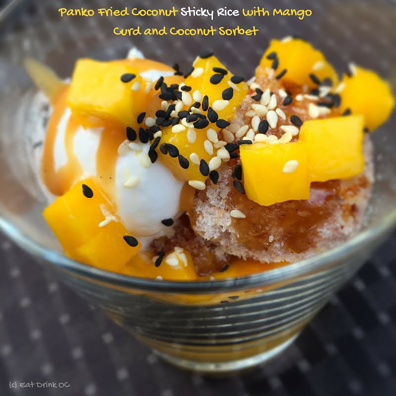 Panko Fried Coconut Sticky Rice with Mango Curd and Coconut Sorbet